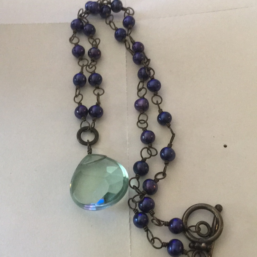 Handmade blue beaded wrapped wire pendant necklace - Picture 4 of 4